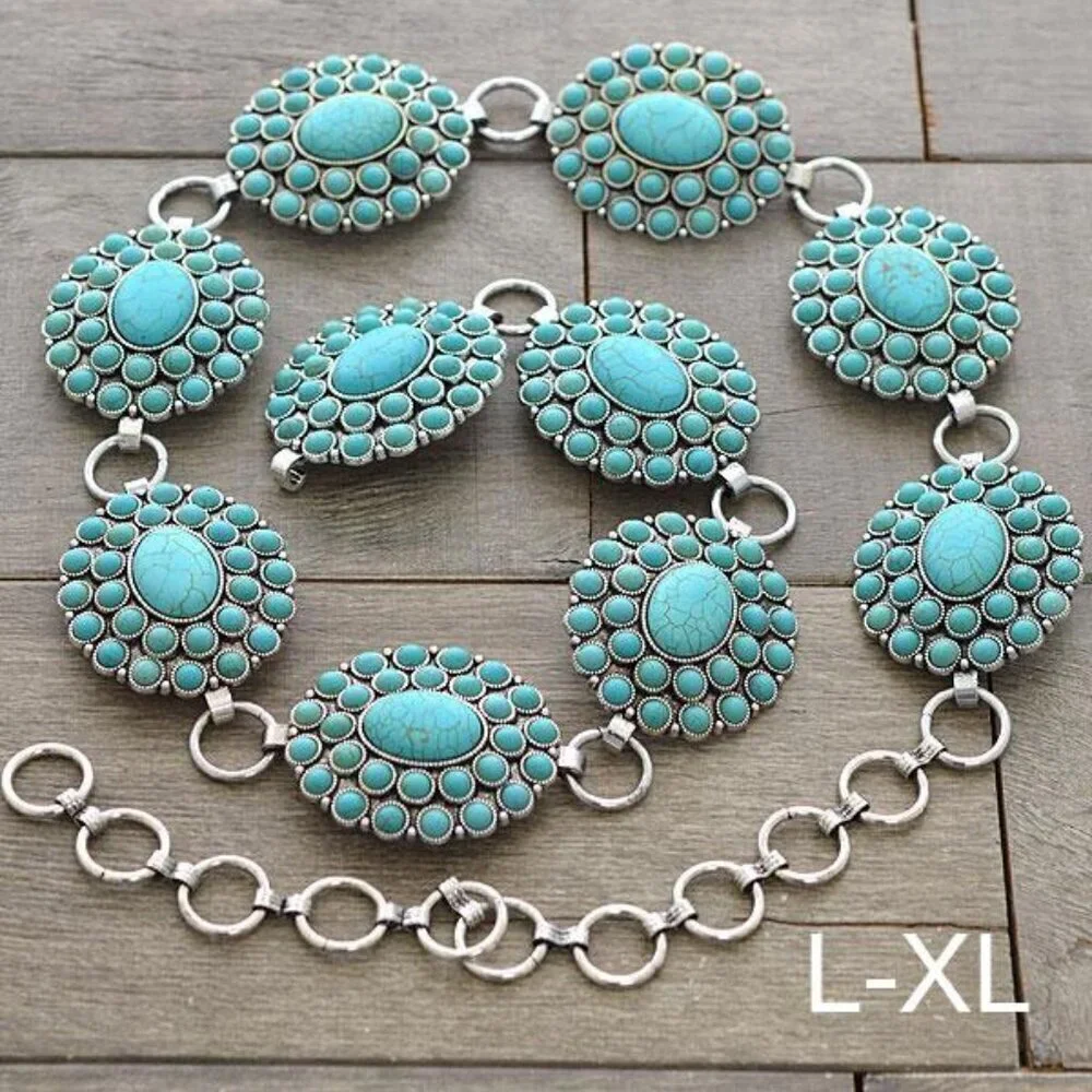 Western Turquoise Flower Concho Floral Oval Burst Medallion Belt L/XL by Tipi - Picture 8 of 8